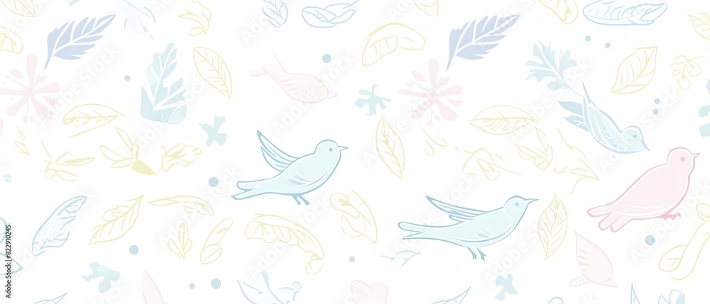 Seamless pastel bird pattern on white background. Delicate and whimsical design with birds, leaves, and flowers in soft colors.