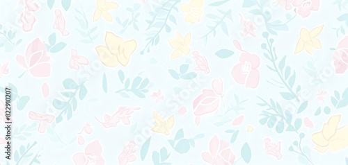 A delicate pastel floral pattern with leaves and flowers in soft hues  creating a serene and gentle background for various design projects.