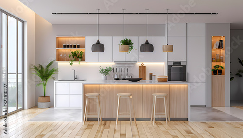 Minimalist interior design of a modern kitchen with white cabinets and a light wood floor featuring an island. Generative AI © FCY