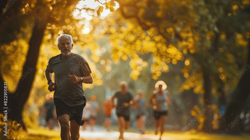 Obraz premium A happy healthy Caucasian senior man is jogging for exercise with his friends at park.