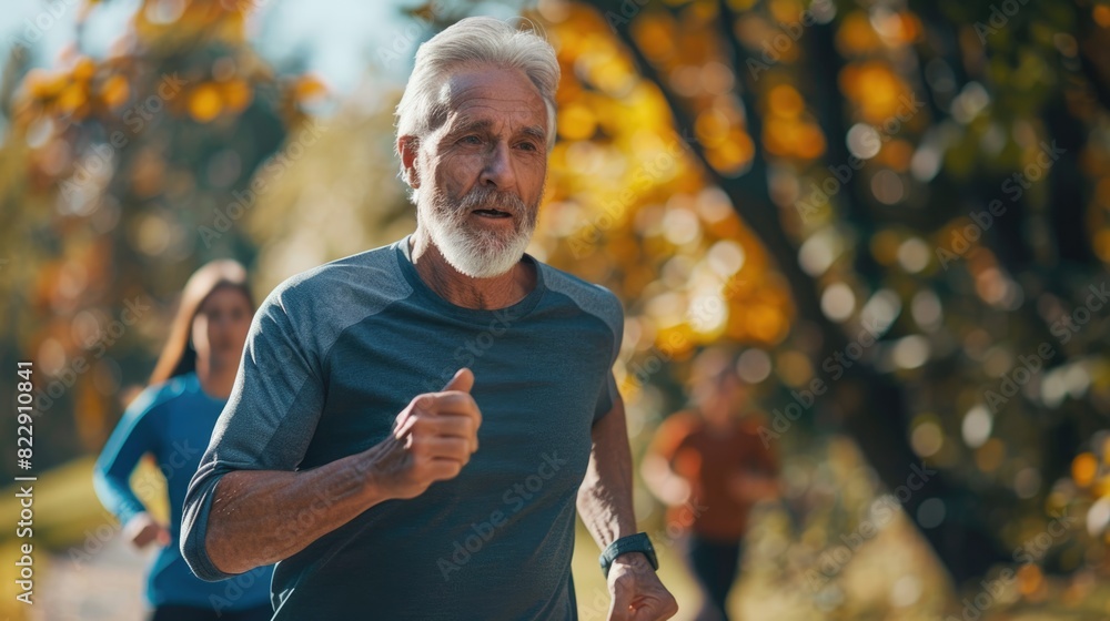 A happy healthy Caucasian senior man is jogging for exercise with his friends at park. A happy healthy Caucasian senior man is jogging for exercise with his friends at park.