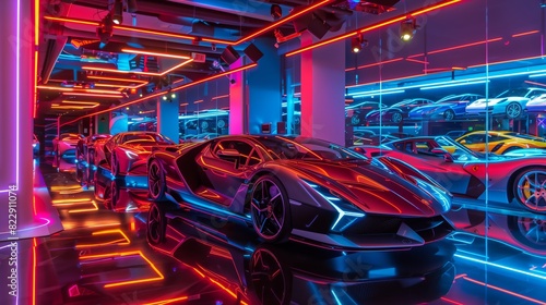 A luxurious indoor car exhibit with neon lighting and reflective flooring showcases the latest sports cars. photo