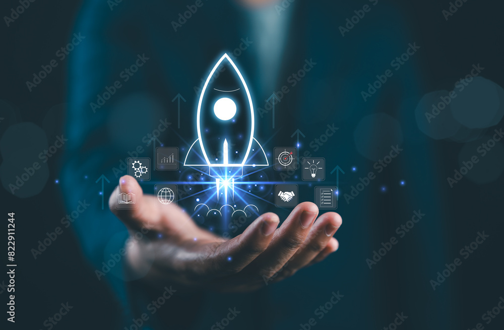 Entrepreneurship launch rocket start flying up and network line ...