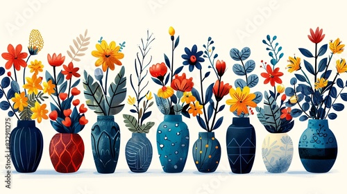 Collection of various abstract plants in geometric vases. Different types of flower bouquets vector illustration large set in cartoon groovy funky style. Spring, summer floral elements stickers bundle photo