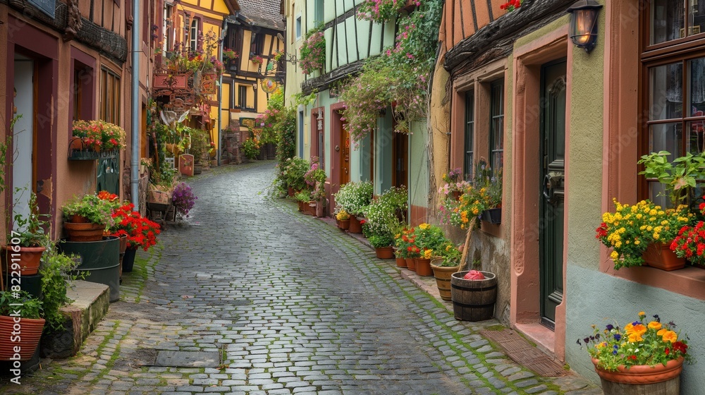 A charming cobblestone street winding through a historic European village, lined with colorful buildings adorned with blooming window boxes and overflowing baskets of flowers. 