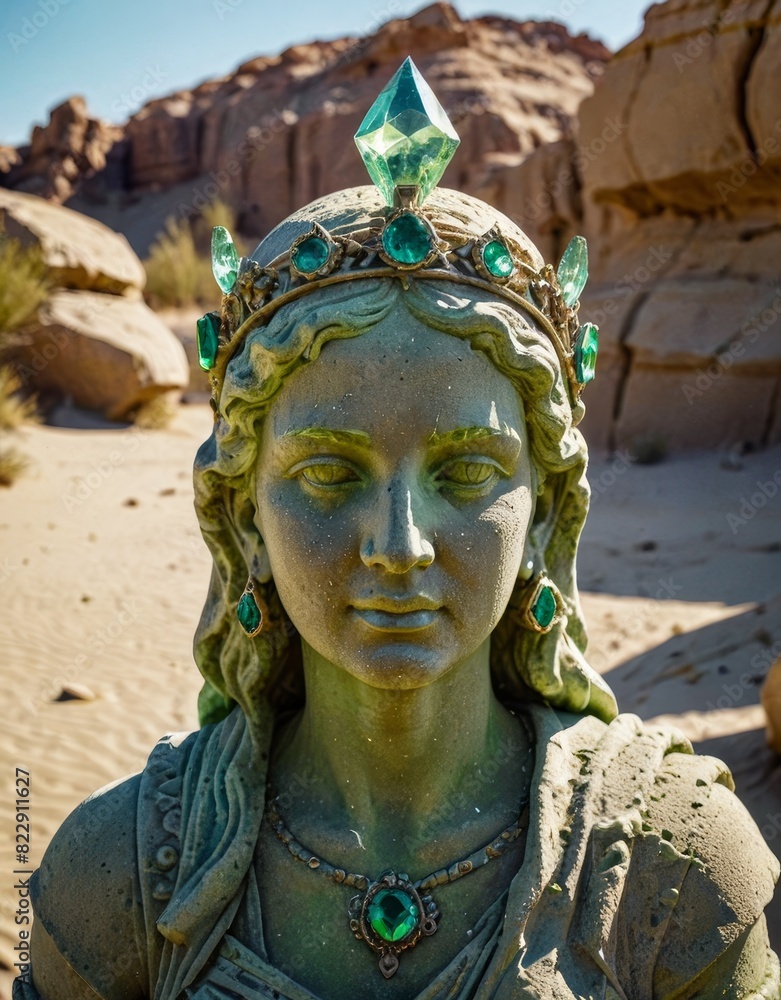 Enigmatic Elegance: Ancient Statue Crowned in Glowing Green Crystal, Half-Buried in Desert Sands