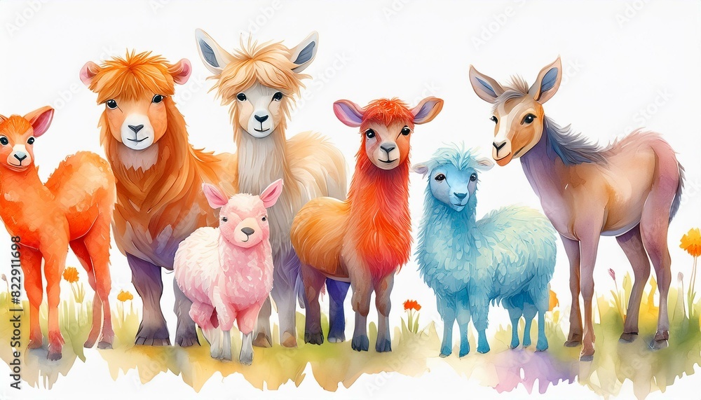 Fototapeta premium Set of watercolor cartoon farm animals - fluffy alpaca, goat, horse, ram, sheep and cow isolated on white background. cartoons. Illustrations