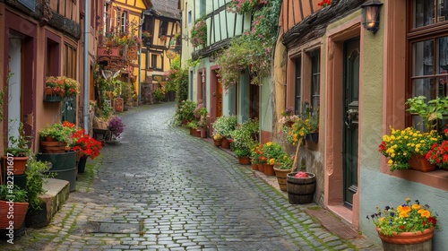 A charming cobblestone street winding through a historic European village, lined with colorful buildings adorned with blooming window boxes and overflowing baskets of flowers.  © Mustafa