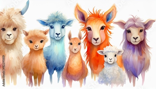 Set of watercolor cartoon farm animals - fluffy alpaca, goat, horse, ram, sheep and cow isolated on white background. cartoons. Illustrations