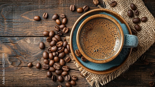 Black Coffee in Blue Cup with Coffee Beans. Cup of black coffee in a blue cup, surrounded by coffee beans on a rustic wooden surface, highlighting the simplicity of coffee enjoyment.