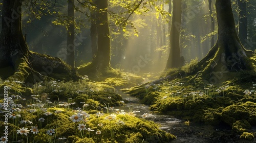 A magical woodland glade illuminated by shafts of golden sunlight filtering through the trees, with a babbling brook meandering through the mossy undergrowth and delicate wildflowers