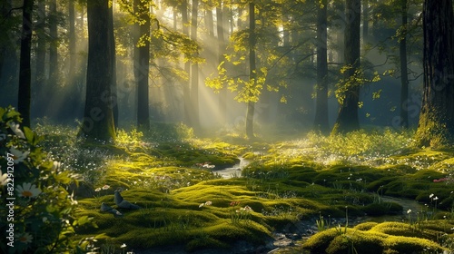 A magical woodland glade illuminated by shafts of golden sunlight filtering through the trees, with a babbling brook meandering through the mossy undergrowth and delicate wildflowers  photo