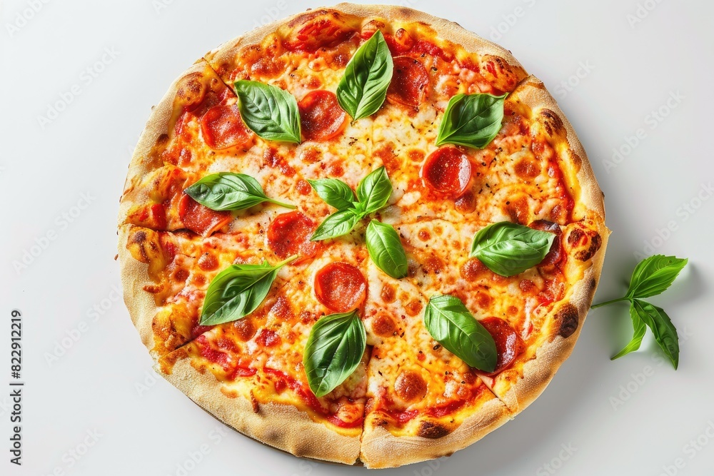 Classic margherita pizza with basil leaves on a white background