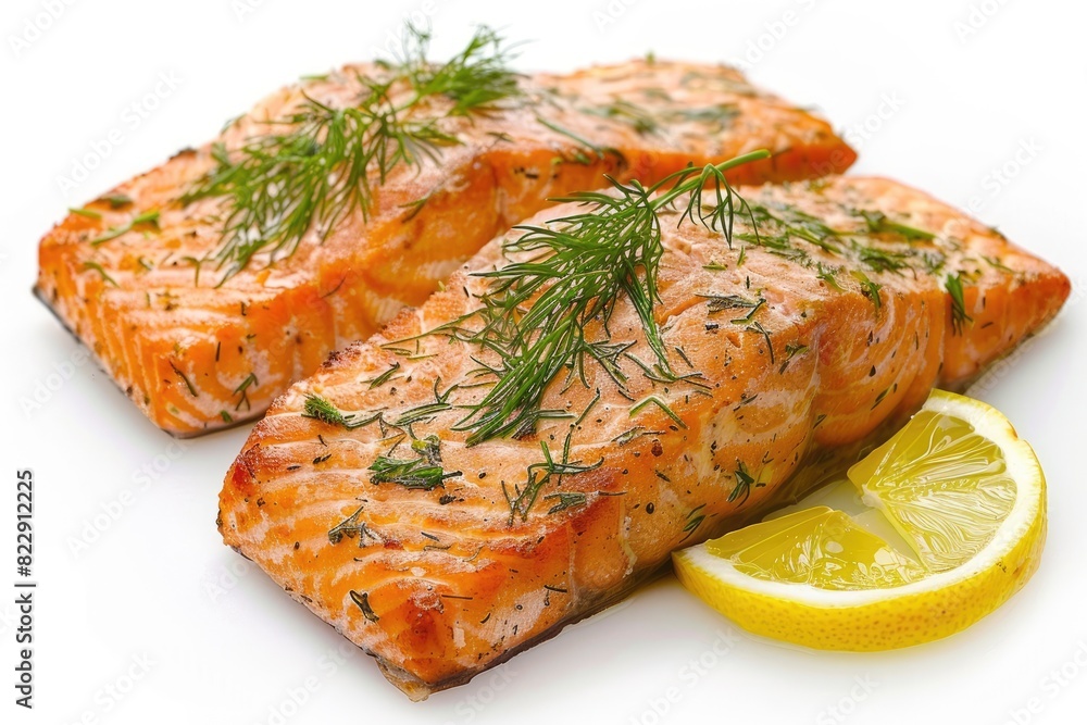 Baked salmon fillet with lemon slices and dill on a white background Baked salmon fillet with lemon slices and dill on a white background