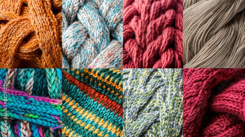 A collage of different knitting patterns showcasing the creativity and freedom that comes with using knitting as a mindful activity.