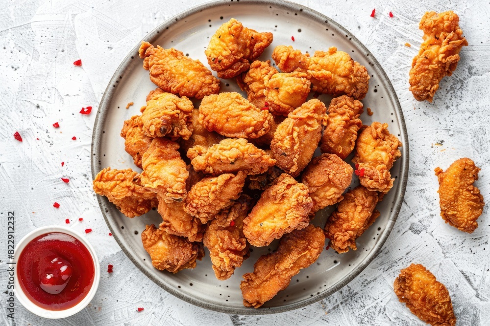 Crispy fried chicken pieces with dipping sauce on a white background Crispy fried chicken pieces with dipping sauce on a white background