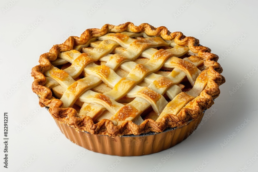 Freshly made apple pie with a lattice crust on a white background Freshly made apple pie with a lattice crust on a white background