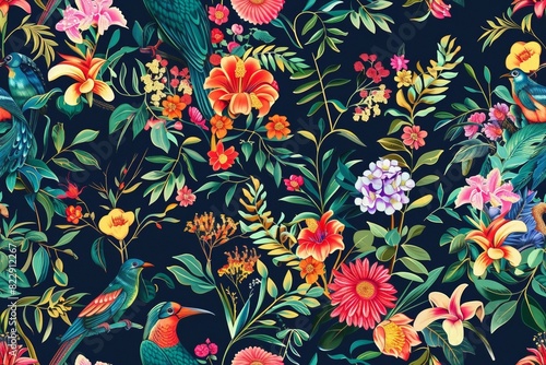 Seamless pattern with colorful birds of paradise and blooming garden flowers.