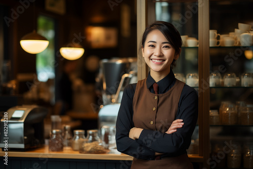 Confident Barista in Modern Coffee Shop. Confident barista standing with arms crossed in a modern coffee shop  showcasing professionalism and friendly service.
