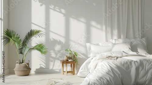 white bedroom interior mockup with bed  side table and plant on white wall background. 3d rendering.