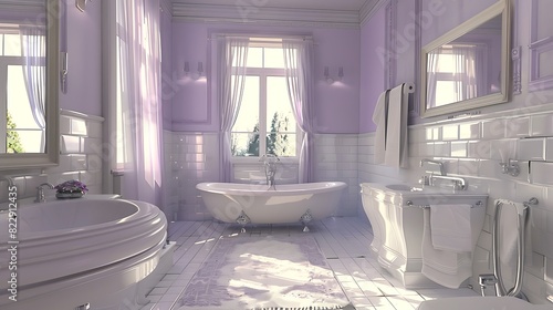 A serene bathroom with soft lavender walls, white fixtures, and silver accents, evoking a spa-like atmosphere