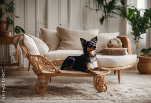 chaise beautiful dog living longue home rattan decor with elegant template room furnitures boho composition accessories lying decoration personal painting mock photo
