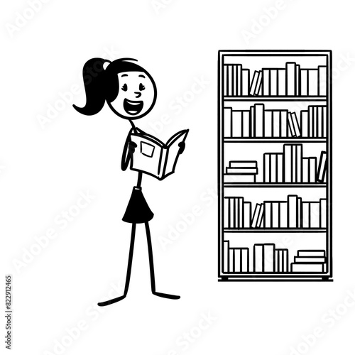 stick figure is reading a book in the library