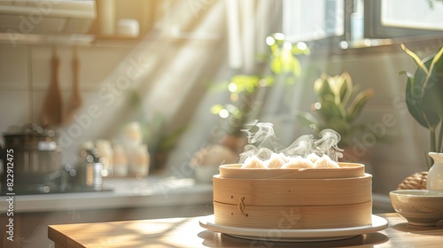 Dim sum dummping on the table and kitchen background with sunny rays for advertise ​