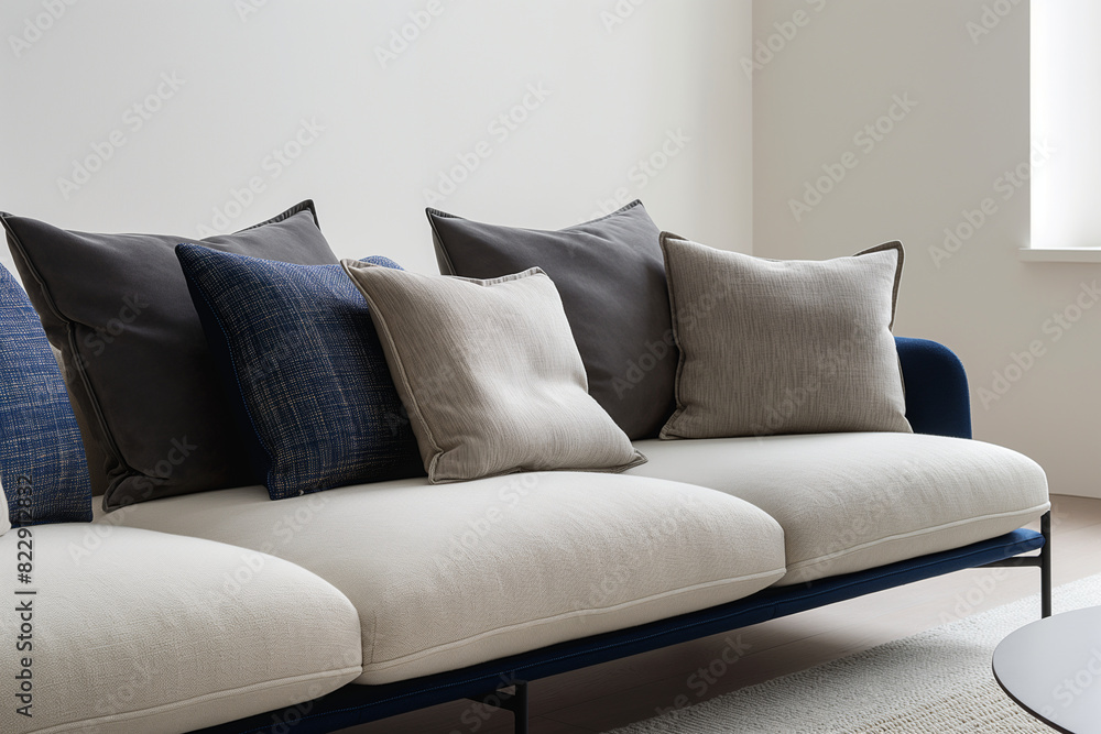 Comfortable modern sofa with blue and beige cushions in a bright room Comfortable modern sofa with blue and beige cushions in a bright room