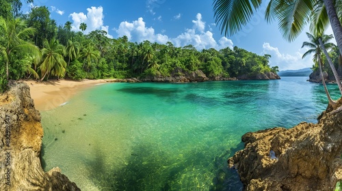 A panoramic view of a secluded cove, with crystal-clear turquoise waters lapping against golden sands and lush green palm trees swaying in the breeze. 32k, full ultra HD, high resolution