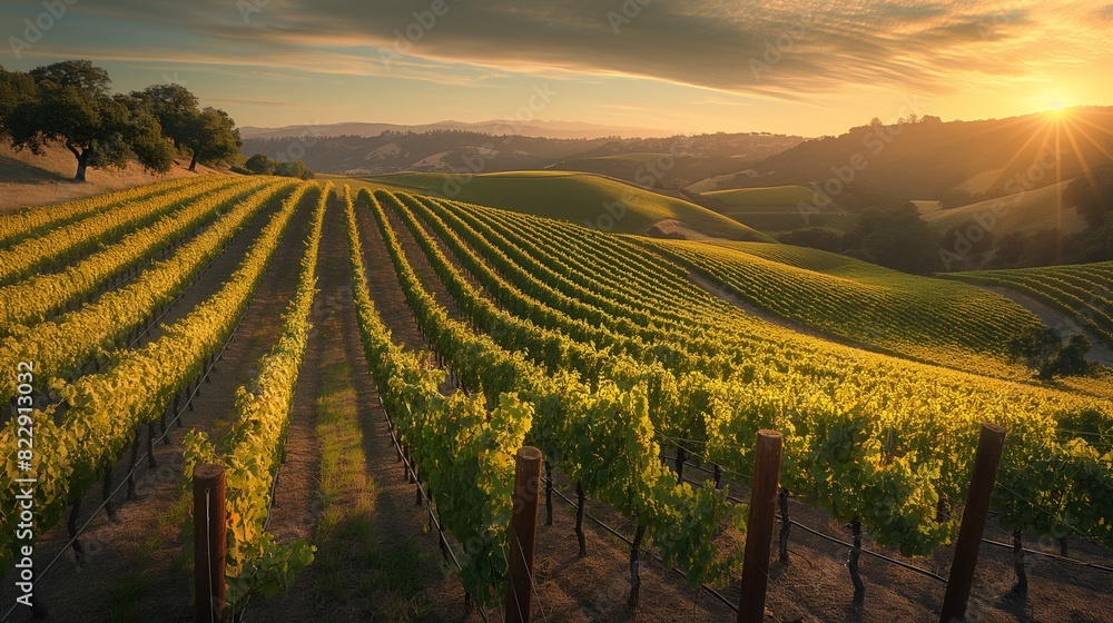 A picturesque vineyard basking in the golden light of sunset, with neat rows of grapevines stretching towards the horizon and rolling hills blanketed in shades of green and gold. 