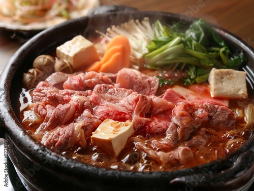A dish of Japanese sukiyaki with thinly sliced beef, tofu, and vegetables, cooked in a sweet soy broth, served in a traditional pot