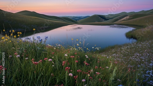 A serene lake nestled among rolling hills, surrounded by blooming wildflowers and tall, swaying grasses, with the soft colors of dawn painting the sky. 32k, full ultra HD, high resolution