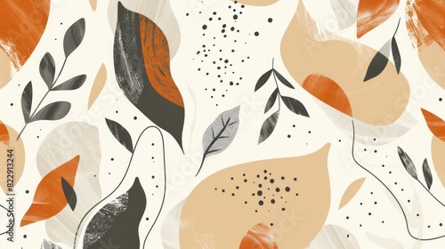 Abstract background with tropical leaves and abstract shapes in green, orange and beige colors on white space for text.