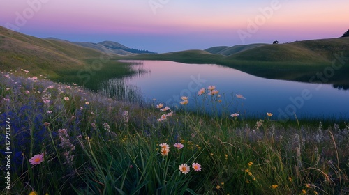 A serene lake nestled among rolling hills, surrounded by blooming wildflowers and tall, swaying grasses, with the soft colors of dawn painting the sky.