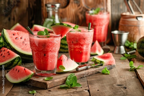 Wallpaper Mural A freshly made strawberry shake, or smoothie, in glasses on a wooden table. Strawberries, a knife, a cutting board, and an ice cream scoop are in the background. Strawberry shakes are beloved Torontodigital.ca