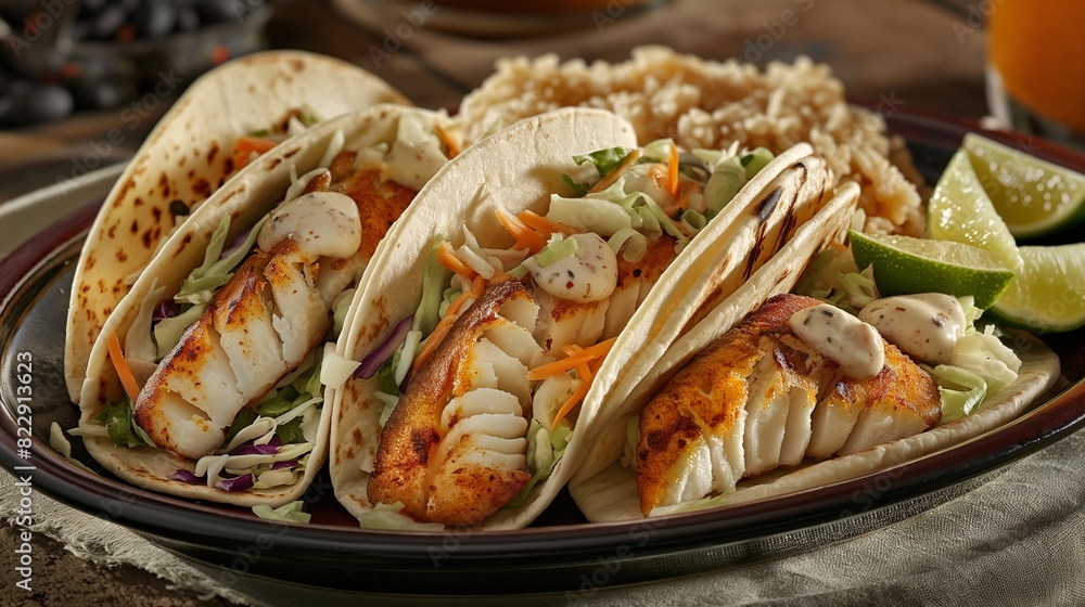 A tempting array of crispy fish tacos, featuring flaky white fish, crunchy cabbage slaw, tangy tartar sauce, and a squeeze of fresh lime, served alongside a side of seasoned rice and black beans