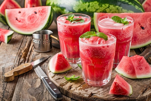 Wallpaper Mural A freshly made watermelon shake, or smoothie, in glasses on a wooden table. Watermelons, a knife, a cutting board, and an ice cream scoop are in the background. Watermelon shakes are common in summer Torontodigital.ca