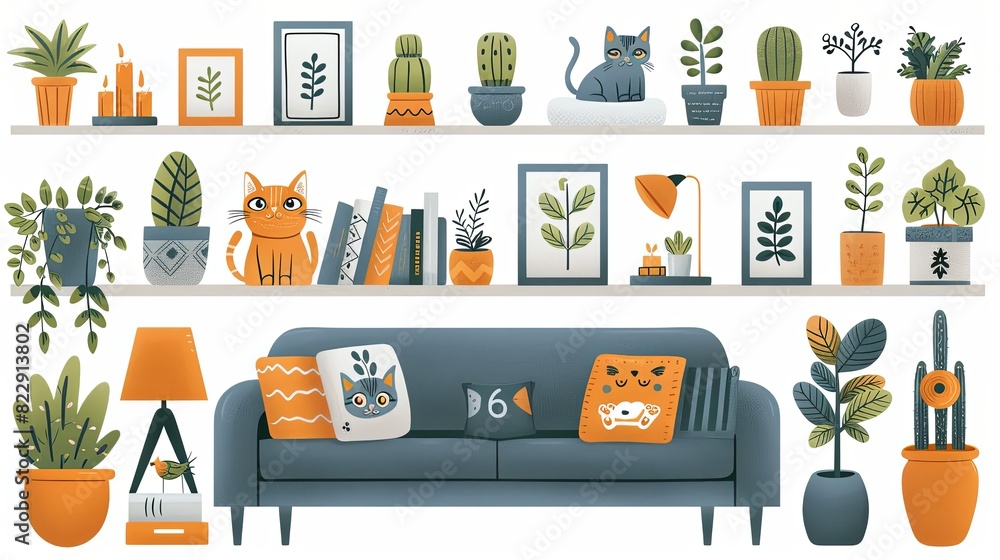 Cozy home decor elements set. Vector hand drawn illustrations of cute things and pets in a simple cartoon flat scandinavian style in a pastel palette. Stay at home. Isolate on a white background Cozy home decor elements set. Vector hand drawn illustrations of cute things and pets in a simple cartoon flat scandinavian style in a pastel palette. Stay at home. Isolate on a white background