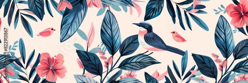 Floral and Leaf Pattern with Birds Seamless. Beautiful background, Abstract pattern background