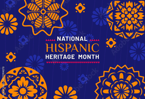 National hispanic heritage month banner with round flower patterns vector background. Mexican and spanish americans culture festival, latino ethnic carnival flyer with bright yellow floral ornaments