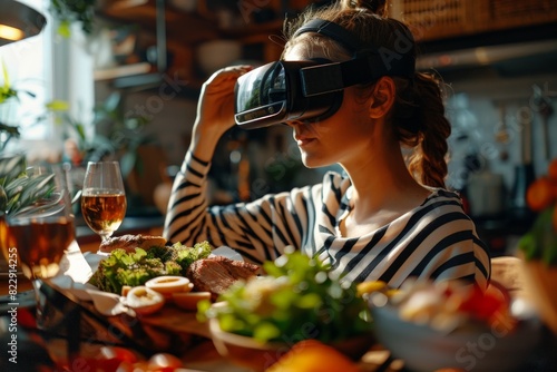 Woman experiencing virtual reality while dining, enjoying immersive technology interaction with fresh food in a cozy kitchen setting.