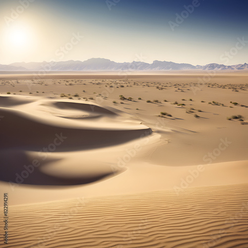 Vast desert with sand dunes and a lone oasis in the sunrise