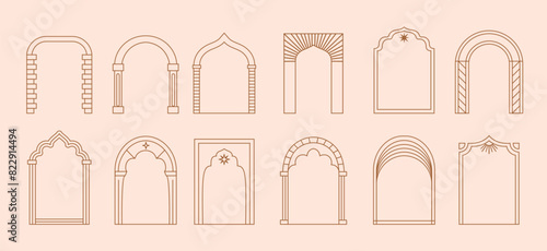 Boho arch door frames vector set. Ornate archways and doorways inspired by islamic architectural styles, arched entrances with columns, decorative brickwork patterns, arab mosques traditional motifs