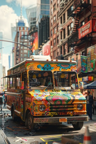 Vibrant food truck on a busy city street with colorful graffiti and skyscrapers in the background under a bright blue sky.