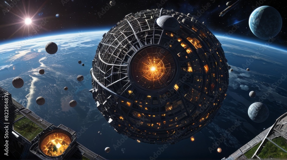 Fototapeta premium Stellar Power Haven: The Magnificent Isometric Landscape of The Dyson Sphere