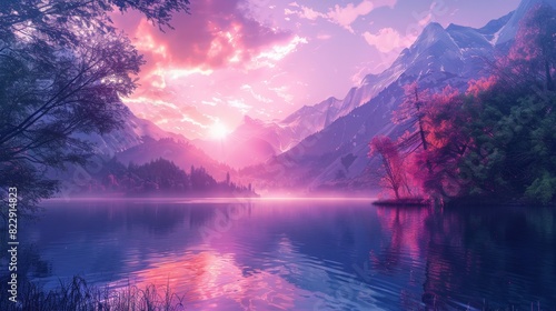 Serene lake with mountains and pink sunset  vibrant colors reflecting in water  surrounded by trees and peaceful nature scenery.