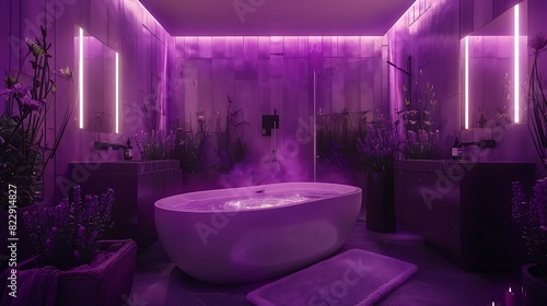 A tranquil scene of a softly glowing lavender bathroom, adorned with elegant black fixtures, inviting you to unwind