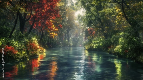 A tranquil river winding through a dense forest, its surface reflecting the vibrant hues of the surrounding foliage as shafts of sunlight filter through the canopy above.