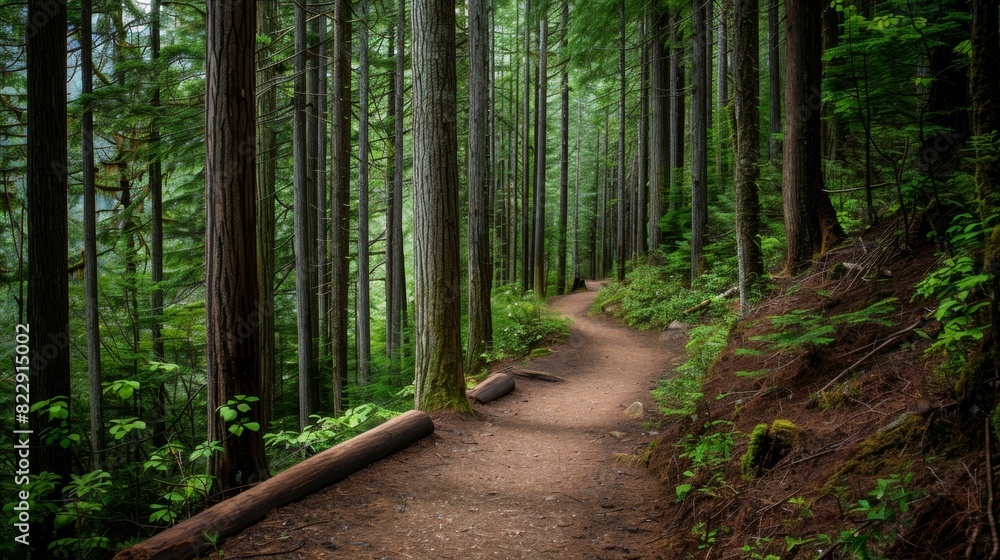 A winding hiking trail leading through a dense forest of towering trees. A winding hiking trail leading through a dense forest of towering trees.